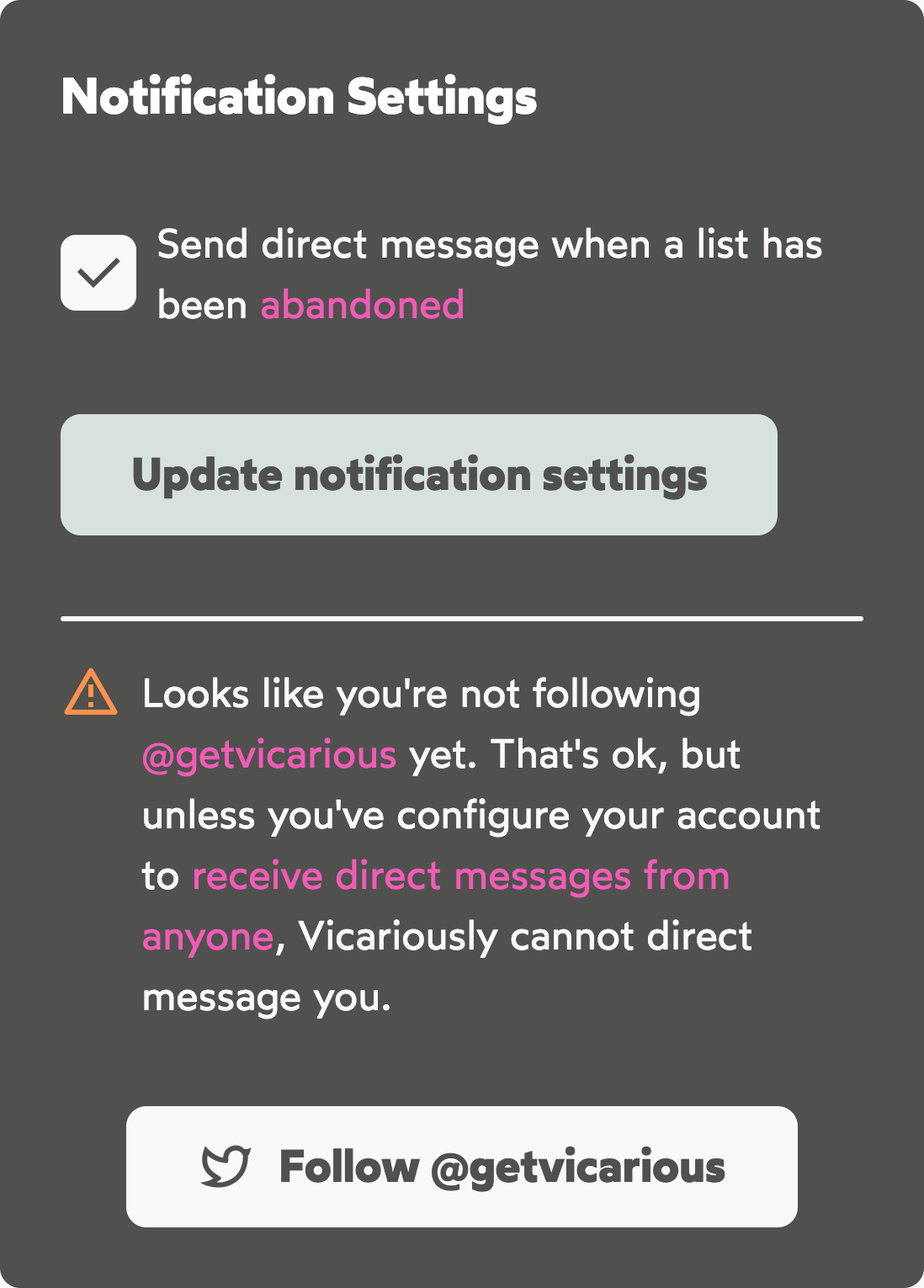 Vicariously notification settings with prompt to follow @getvicarious