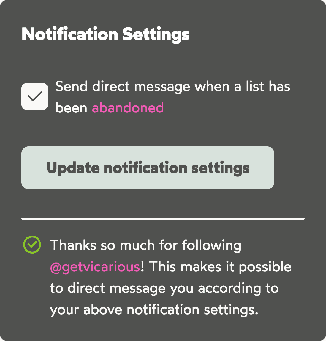 Vicariously notification settings