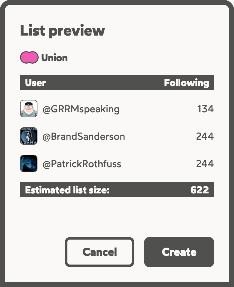 List preview with 3 different users